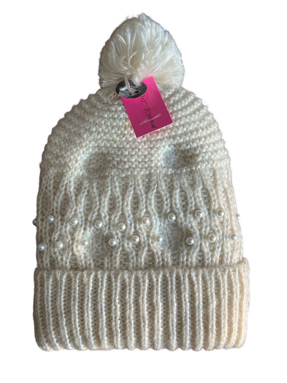 Betsey Johnson Pearly Girl Beanie Pom Pom Hat and Snood Set with Pearl Accents